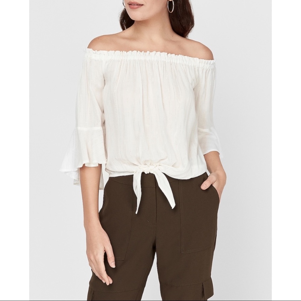 EXPRESS Metallic Tie Front Off The Shoulder Top